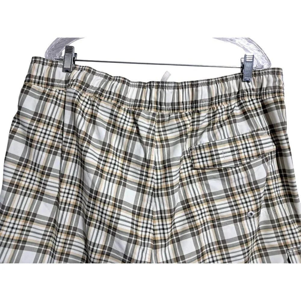 Chaps Plaid Swim Trunks Mens XL Beige White Polyester Mesh‎ Lined Drawstring